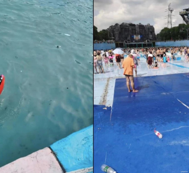 中國水上樂園水質骯髒，漂浮物隨處可見。   圖：翻攝自《藍鯨財經》