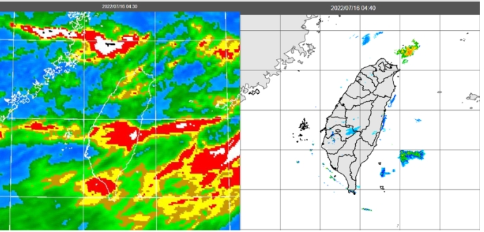 今晨4：30紅外線色調強化雲圖顯示，台灣上空佈滿透光的高雲(卷雲、卷層雲)(左圖)。4：40雷達回波合成圖顯示，西南沿海有弱降水回波(右圖)。   圖/「三立準氣象．老大洩天機」專欄