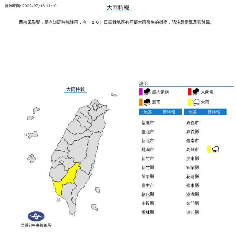 中央氣象局對高雄發布大雨特報。   圖：中央氣象局／提供