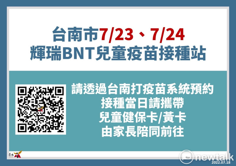 台南市7月23、24日訂於11個地點開設輝瑞BNT兒童疫苗接種站，家中5至11歲兒童若有接種需求，家長可協助透過「台南打疫苗」系統預約。   圖：台南市政府提供