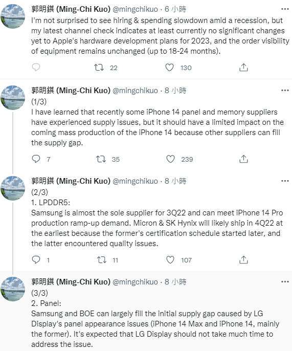 郭明錤一連串推文表示，他對蘋果在經濟衰退期間暫緩招聘和減少支出並不感到驚訝，目前蘋果2023年的硬體研發計畫還沒有發生重大變化。   圖：翻攝自郭明錤推特