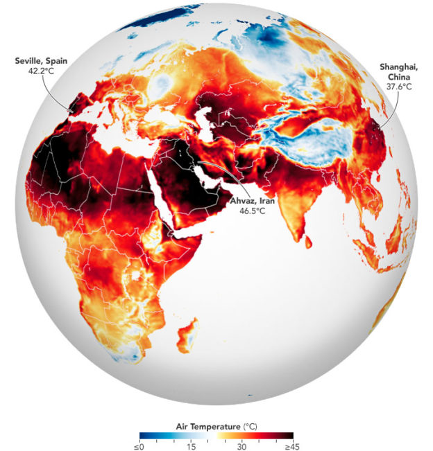 NASA公布2022年7月13日東半球的地表氣溫。   圖：翻攝NASA官網