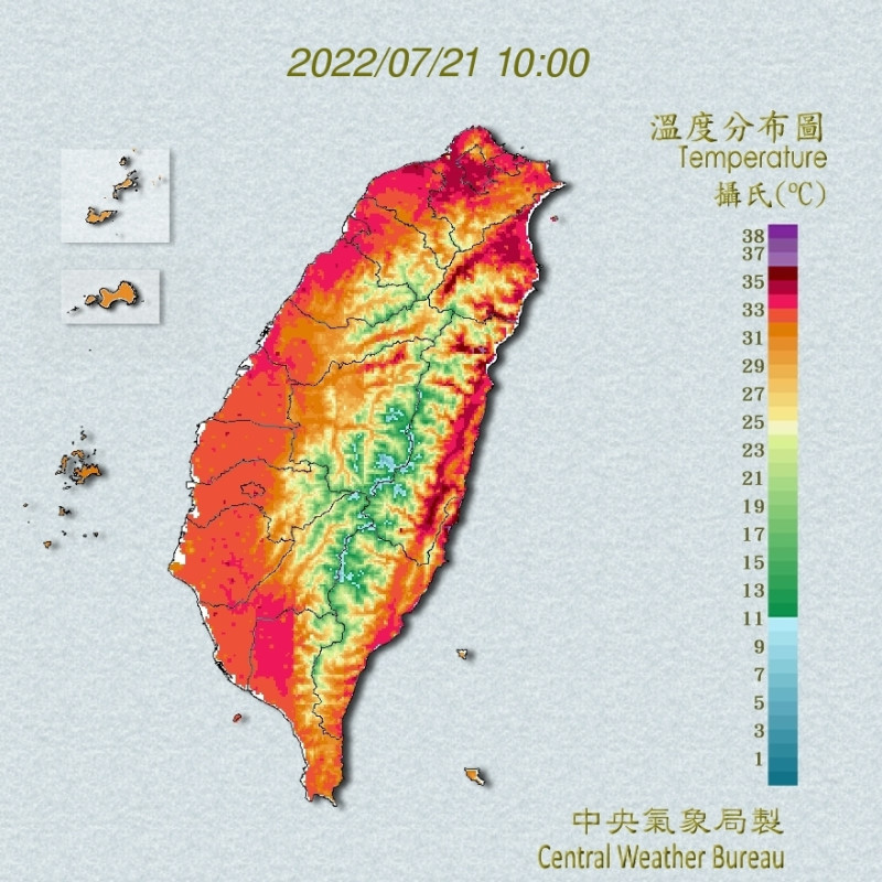 中央氣象局表示，今日台北、花蓮可能出現38度的極端氣溫。   圖：中央氣象局／提供