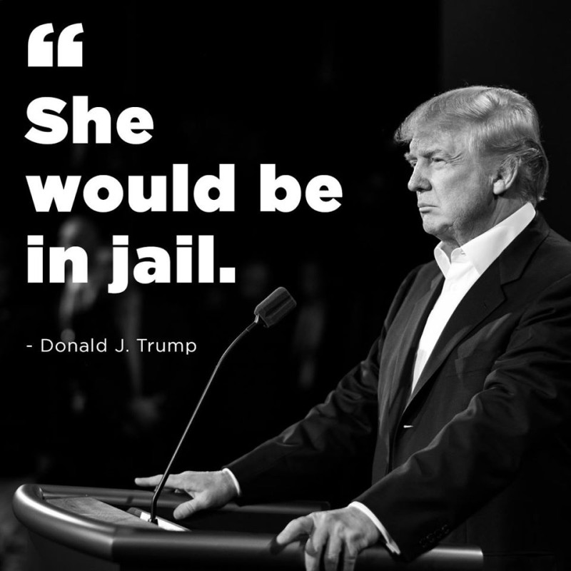 共和黨總統候選人川普表示，若是由他掌控司法，希拉蕊就會準備去坐牢。   圖：翻攝自川普臉書