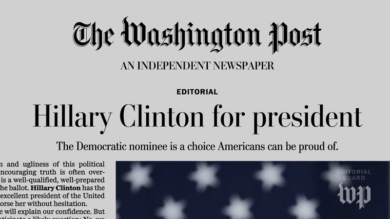 《華盛頓郵報》13日以社論公開力挺民主黨總統候選人希拉蕊成為美國史上首位女總統。   圖：翻攝《華盛頓郵報》網站