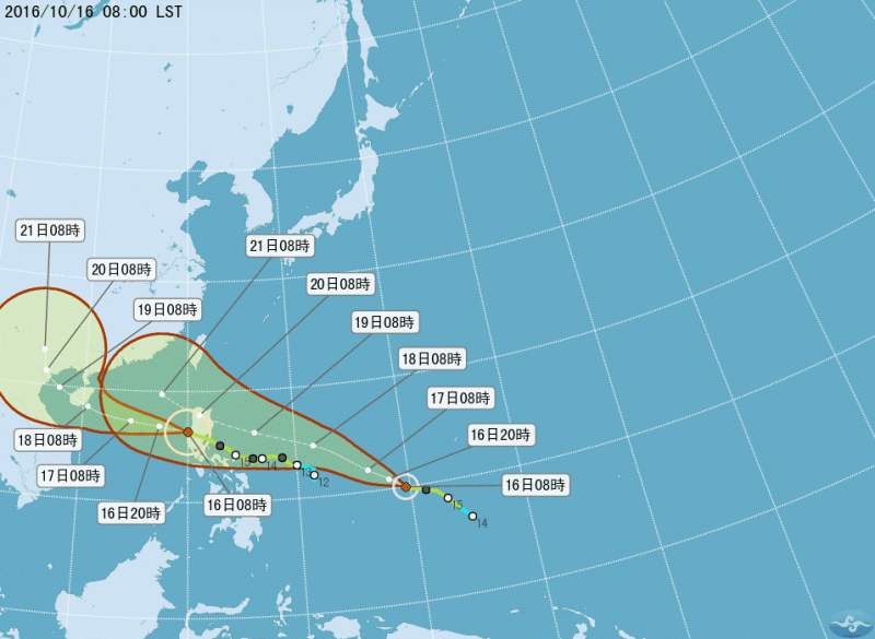 今年編號第21號中度颱風莎莉佳，目前位於菲律賓東方近海，未來即將通過呂宋島至南海，預計從16日晚上開始到18日，外圍雲系就將影響台灣的天氣。   圖：翻攝中央氣象局