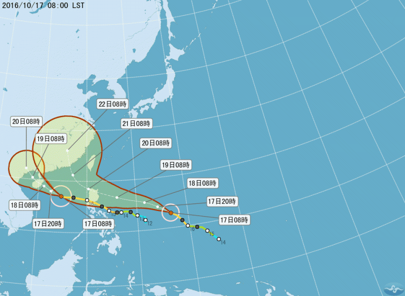 10月中旬，海面上仍有兩個中度颱風接力往西走，其中第21號莎莉佳（SARIKA）對台灣影響小。氣象局表示，依據第22號海馬（HAIMA）路徑，不排除週三發布海上颱風警報。   圖：氣象局颱風路徑潛勢預測圖