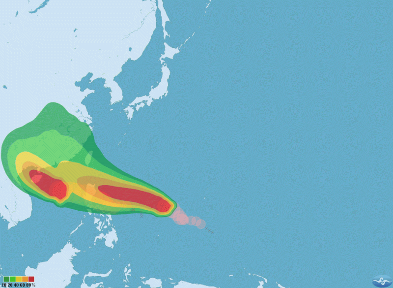 10月中旬，海面上仍有兩個中度颱風接力往西走，其中第21號莎莉佳（SARIKA）對台灣影響小。氣象局表示，依據第22號海馬（HAIMA）路徑，不排除週三發布海上颱風警報。   翻攝氣象局網站：颱風七級風暴風圈侵襲機率圖