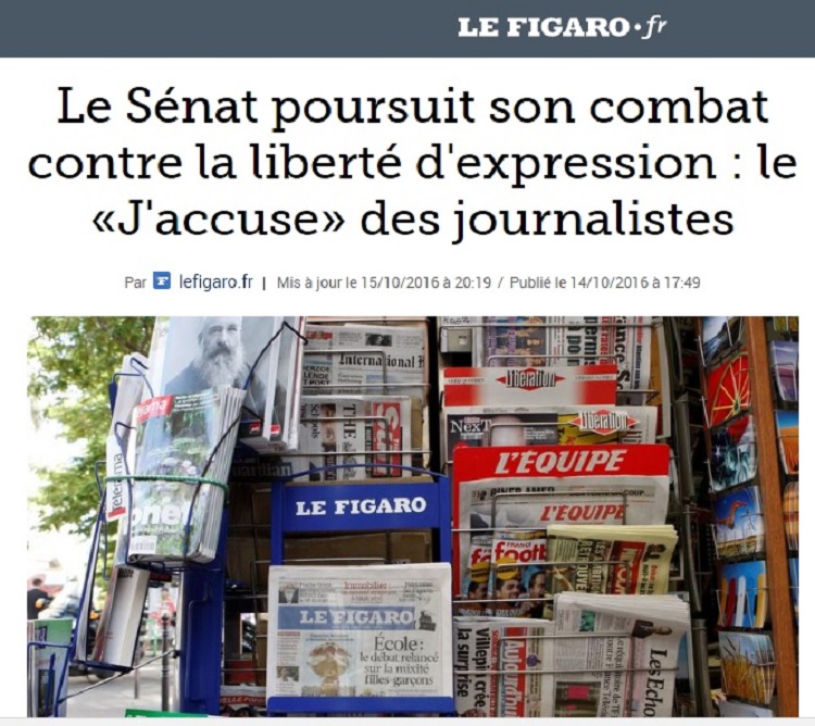 法國參議院預定18日審理「平等及公民」法案，26家法國媒體記者和記者協會串聯集會反對，直批這項惡法將扼殺媒體自由。   圖：翻攝《費加洛報》