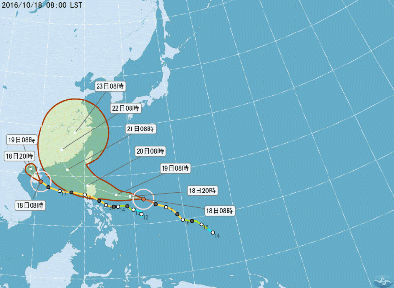 中央氣象局氣象預報中心主任鄭明典18日表示，海馬颱風出現一道完整的新眼牆，周遭海域溫度高，海馬可能再增強。   圖：氣象局颱風路徑潛勢預測圖