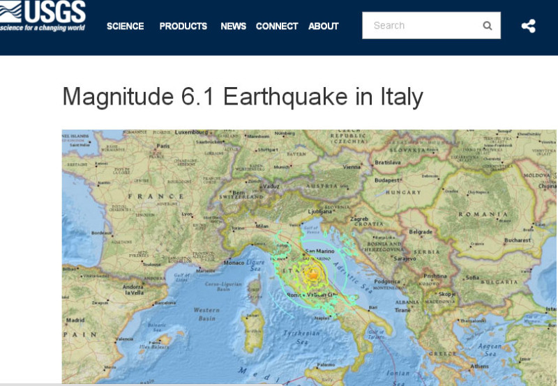 義大利中部再度遭到強震襲擊，分別為芮氏規模5.4及6.1，遠在150公里外的首都羅馬也感受到撼動。   圖：翻攝美國地質調查所官網