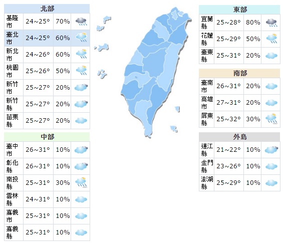 中央氣象局28日晚間預報，因東北風增強，北台灣29日天氣將明顯轉涼，並有短暫雨，局部地區會有大雨。   圖：翻攝中央氣象局