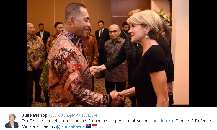 澳大利亞外交部長畢曉普（右）10月28日出席峇里島雙邊會議，與印尼國防部長Ryamizard Ryacudu達成巡邏南海協議。   圖：翻攝畢曉普推特