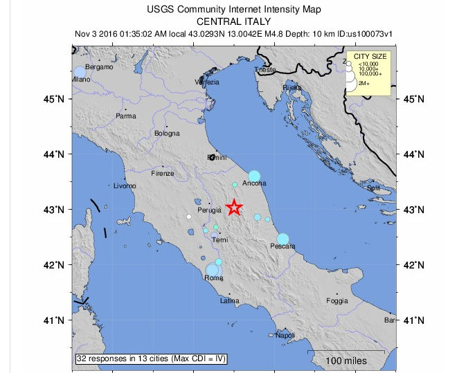美國地質調查局公布義大利中部佩魯賈地區再傳強震，芮氏規模5.0。   圖：翻攝美國地質調查局網站