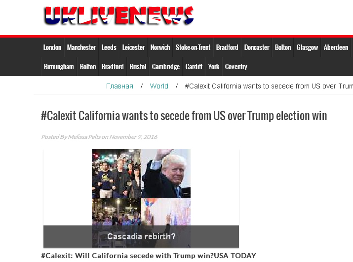 抗議川普當選，英國媒體報導，美國加州爆出要脫美獨立。   圖：翻攝UK LIVE NEWS