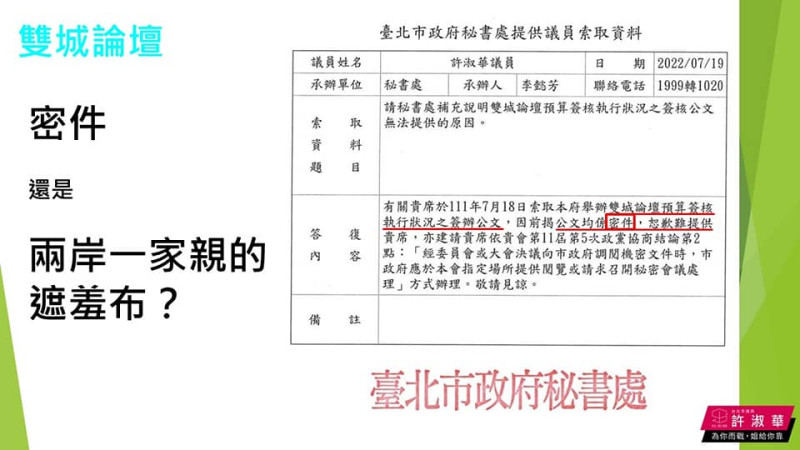 議員許淑華質疑，台北市政府將雙城論壇預算動支公文列為密件，是有什麼不可告人的內容？ 圖：擷取自許淑華臉書