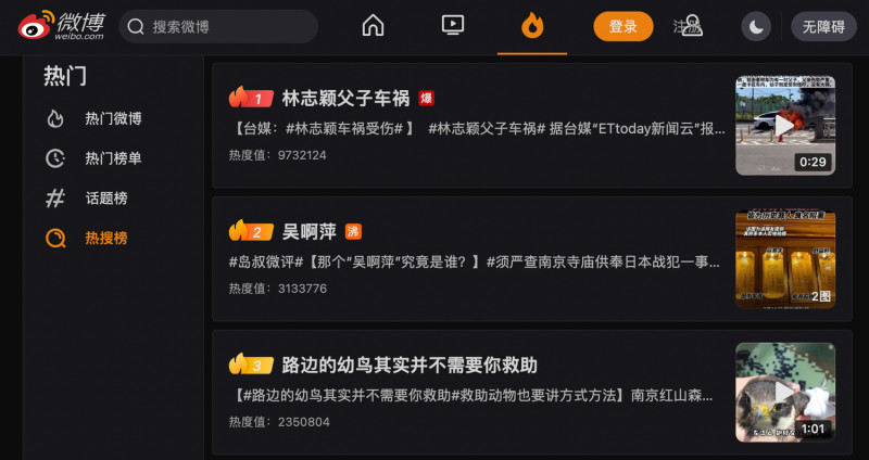 「林志穎父子車禍」登上微博熱搜第一名。   圖：翻攝自微博官網