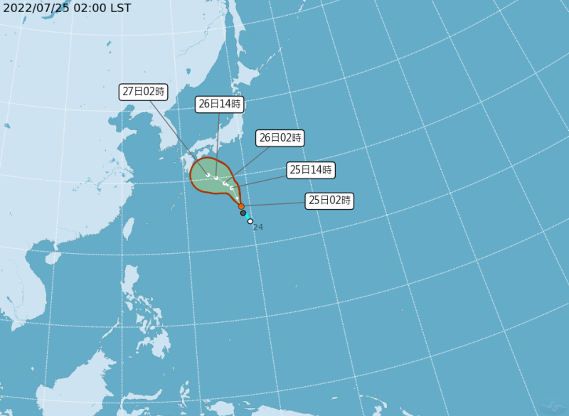 今天凌晨2時，熱帶性低氣壓的中心位置在日本南方海面，正以每小時24公里的速度向北北西移動。   圖：中央氣象局/提供