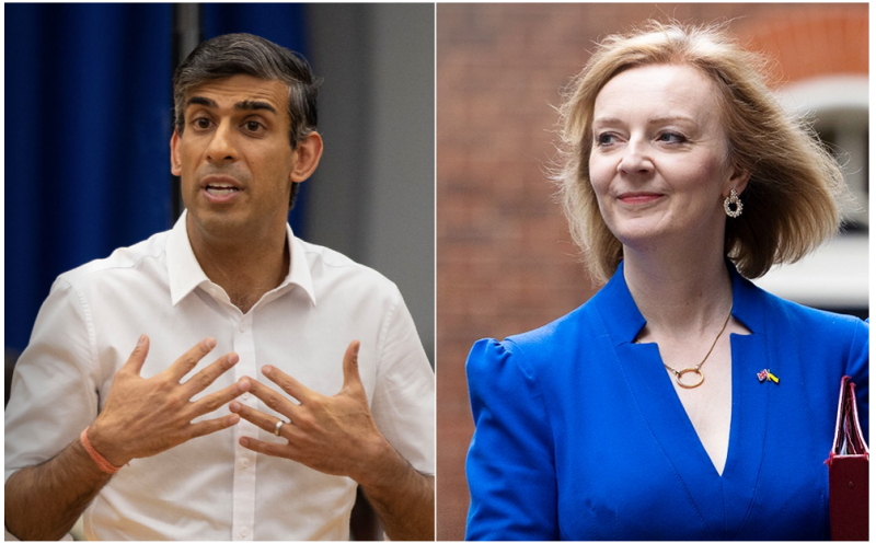 英國保守黨黨魁候選人蘇納克（Rishi Sunak）與特拉斯（Liz Truss），新任黨魁人選結果將於今日出爐。   圖：翻攝自 @RishiSunak 和 @trussliz 推特／新頭殼合成 （資料照）