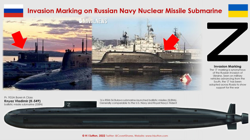 美國軍事媒體《海軍新聞》(Naval News)報導，從俄羅斯社群媒體上發現，一艘帆殼上漆有「Z」字符號的核潛艦，出現在遠離黑海海域的巴倫支海俄羅斯北方艦隊總部北莫爾斯克。   圖：Naval News翻攝社群媒體