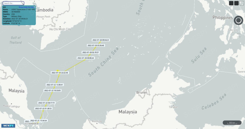 「南海戰略態勢感知計劃平台」(SCSPI)28日發布美國航空母艦「雷根號(CVN-76)」的最新位置，上午9時左右在越南胡志明市東南東方約600公里左右海面向東北行進。   圖：翻攝SCS Probing Initiative推特