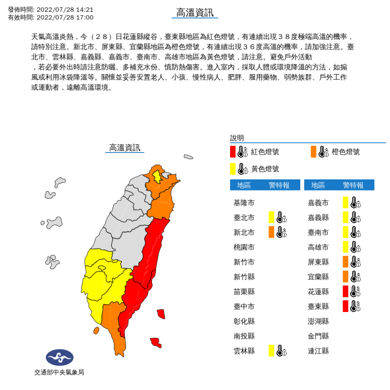 氣象局針對11縣市發布高溫特報。   圖：取自中央氣象局