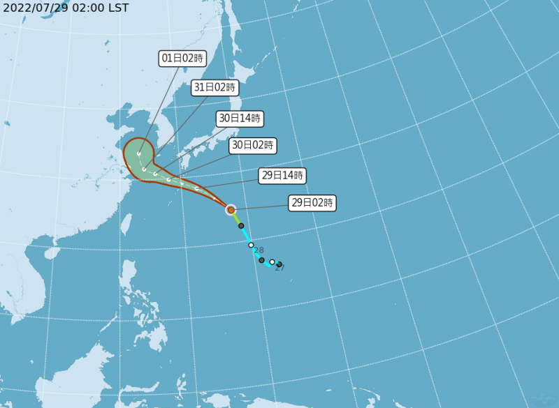 中央氣象局路徑預測圖顯示，桑達今天2時的中心位置，在台北東方1610公里海面上，以每小時36公里速度，向西北西前進，侵台機率大減。   圖：中央氣象局/提供
