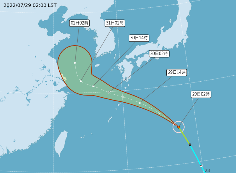 桑達颱風預估會經琉球北方至東海，台灣明天起受到影響，下雨下到周三。   圖：中央氣象局／提供