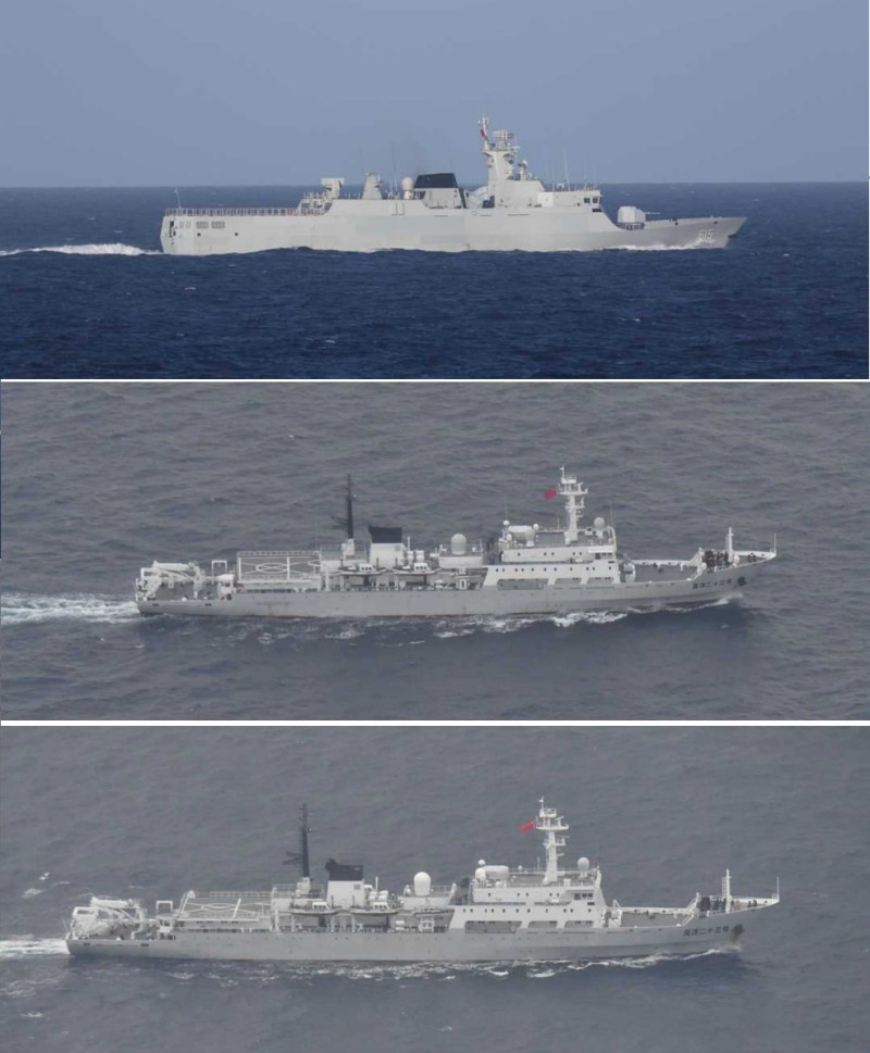 日本防衛省統合幕僚監部28日連續發布2則「中國海軍艦艇」，解放軍「056A型」飛彈護衛艦「孝感號(舷號615)」(上)和書寫有「海洋二十三號」(中)及「海洋二十五號」(下)的解放軍海軍測量艦現身日本周遭海域。   圖：翻攝統合幕僚監部官網