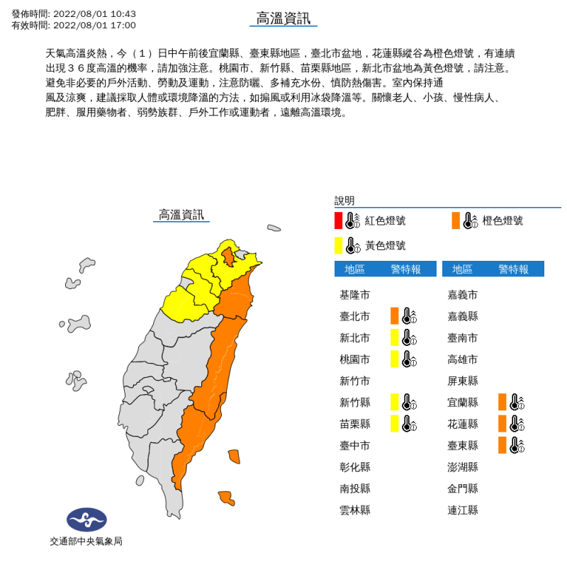 氣象局稍早發布高溫特報。   圖：取自中央氣象局官網