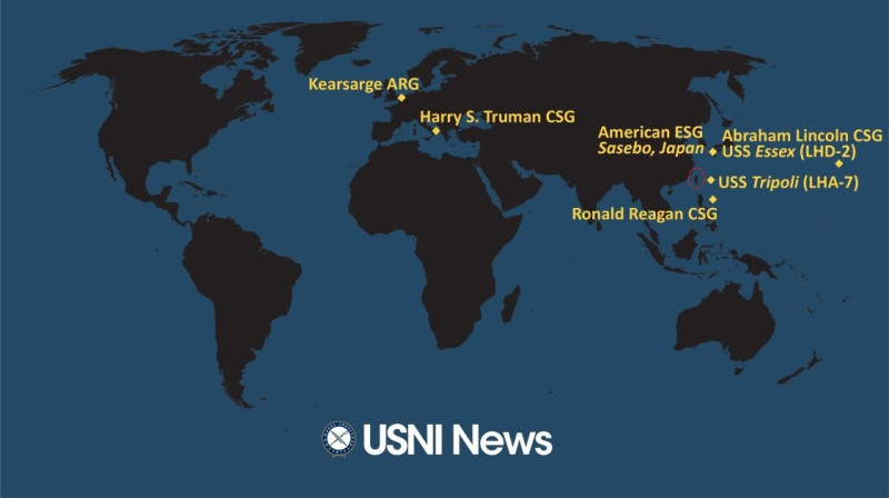 根據美國海軍研究所新聞網站報導美軍部署正在台灣（紅圈處）附近西太平洋海域作業的「1大2小」航母，負起護衛眾議長裴洛西責任。   圖：翻攝自USNI News