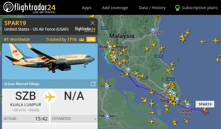 裴洛西抵達馬來西亞所乘坐的航班編號「SPAR19」的波音C-40C機型運輸專機，已起飛離開馬來西亞。   圖:翻攝自Flightradar24