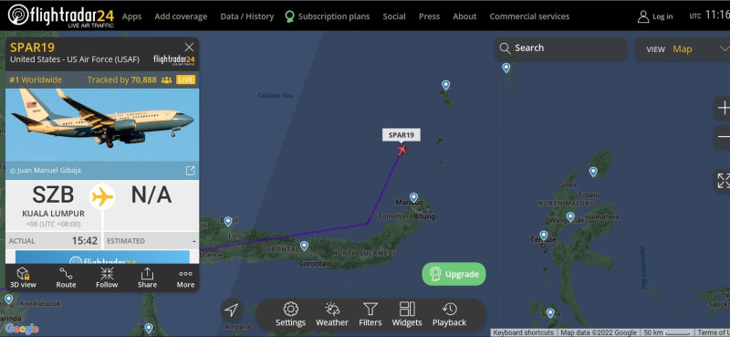 美國眾議院議長裴洛西「SPAR19」行政專機，繞經印尼空域，在北蘇拉威西省轉向北北東，向菲律賓達沃方向飛行。   圖：截取flightradar24網站