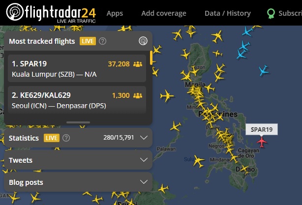 至台灣時間晚間20點25分，「SPAR19」已飛抵菲律賓民答那峨島東北方海上空域。   圖:翻攝自Flightradar24