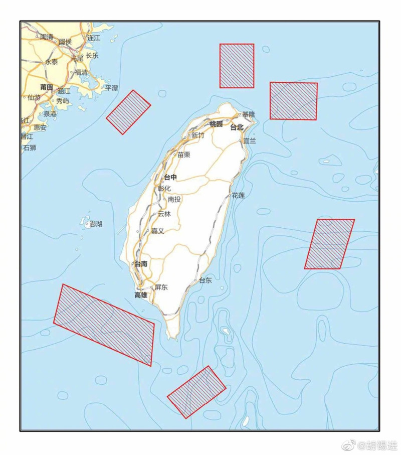 解放軍宣布 4 日至 7 日在台灣周邊 6 海域「進行重要軍事演訓行動，並組織實彈射擊」。   圖：翻攝微博（資料照）