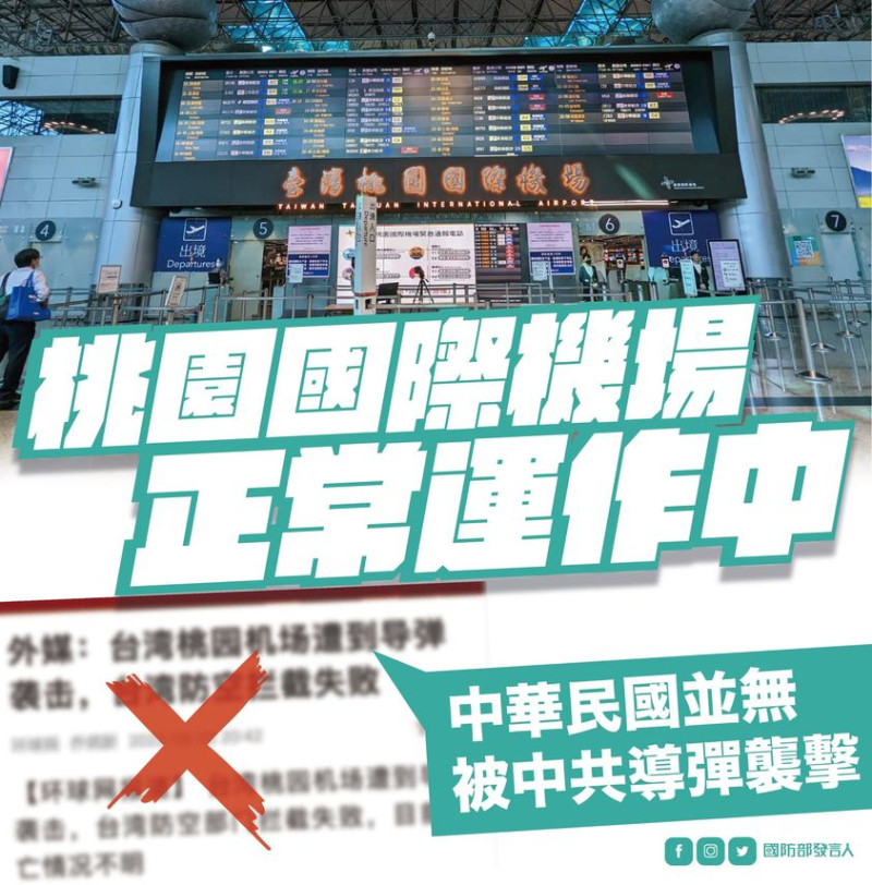 「國防部發言人」臉書粉專發文駁斥陸媒報導「桃園機場遭導彈襲擊，台軍攔截失敗」錯假訊息。   圖：翻攝國防部發言人臉書