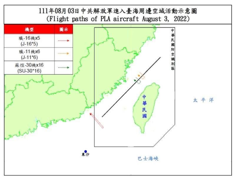 空軍今（3）天發布共機動態，27架共機侵擾台灣防空識別區，其中22架還穿越台灣海峽中線。   圖：國防部提供