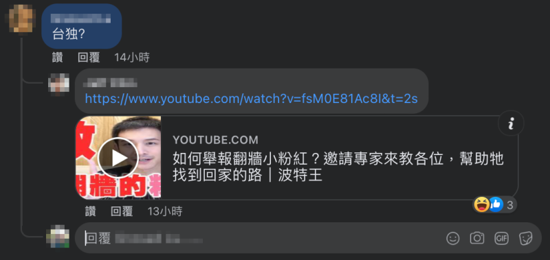 台灣網友也不甘示弱回嘴小粉紅，貼出「波特王」的舉報翻牆小粉紅教學影片。   圖：翻攝自炎亞綸臉書