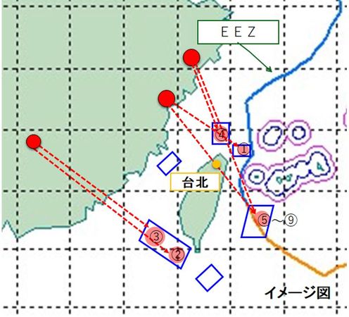 共軍8月4日向台灣東北部及西南部周邊海域，發射多枚東風系列彈道飛彈。日本防衛省指出，中國有5枚彈道導彈落在日本專屬經濟區（EEZ）。   圖：翻攝日本防衛省網站