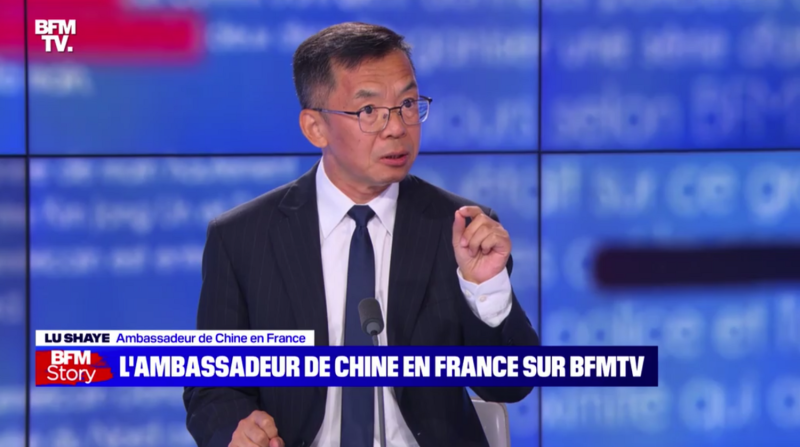 中國駐法國大使盧沙野稱20年前台灣的民意是支持統一的，如今追求自決，都是民進黨害的，遭到網友打臉。   圖：翻攝自中國駐法國大使館官網