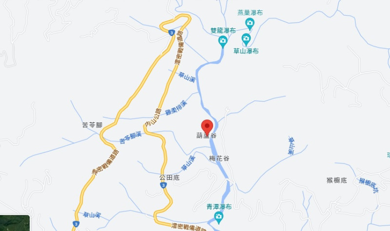 嘉義縣番路鄉草山村葫蘆谷今(7)日傍晚驚傳有17人受困。   圖:GoogleMap