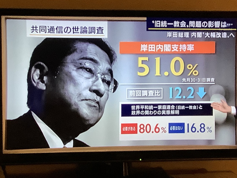 岸田因為支持率暴跌而焦慮，突然宣布要改組內閣。 圖：攝自朝日電視