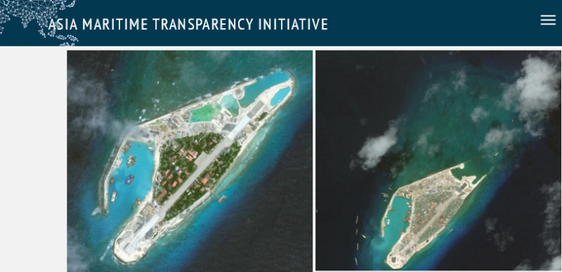 美國戰略暨國際研究中心「亞洲海事透明倡議」拍到的衛星圖顯示，越南正在南威島擴建飛機跑道，左為11月拍攝，右為6月拍攝。   圖：翻攝亞洲海事透明倡議官網