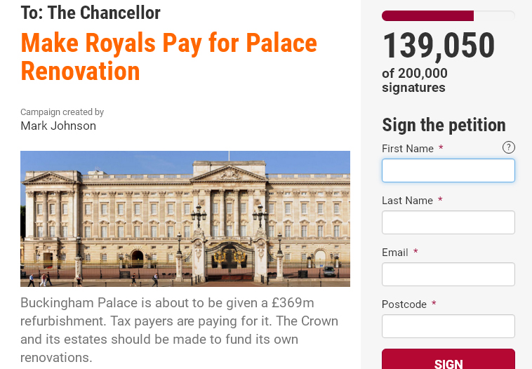 民眾在網路「38 Degrees」發起連署請願，要求英女王自己付錢修繕白金漢宮，目前已逼近14萬人大關。   圖：翻攝「38 Degrees」
