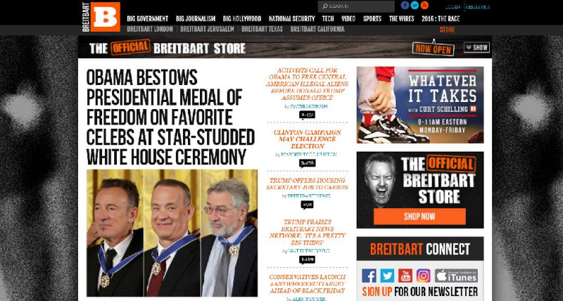 數位廣告商AppNexus23日宣布，封鎖美國右派媒體「布萊巴特新聞網（Breitbart News）」，因為該新聞網上的仇恨內容違反行為守則。圖為布萊巴特新聞網頁面截圖。   圖：截自布萊巴特新聞網頁面