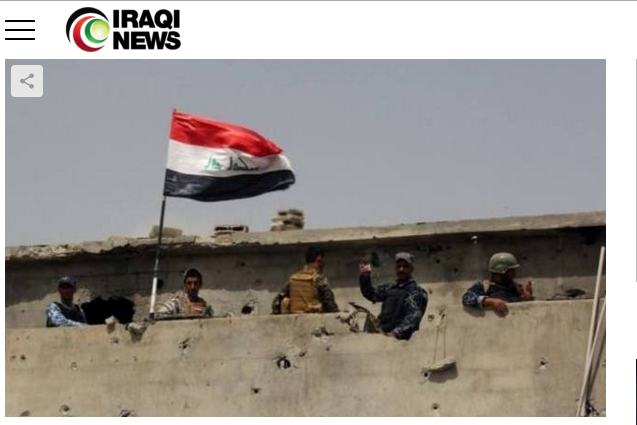 伊拉克部隊在收復的摩蘇爾地區插上國旗，同時選在Baiji成立指揮中心。   圖：翻攝IRAQI NEWS