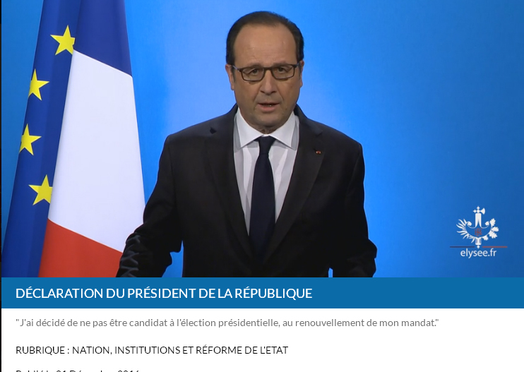 法國總統歐蘭德1日突然在愛麗舍透過電視直播召開記者會，宣布不競選連任。   圖：翻攝愛麗舍官網
