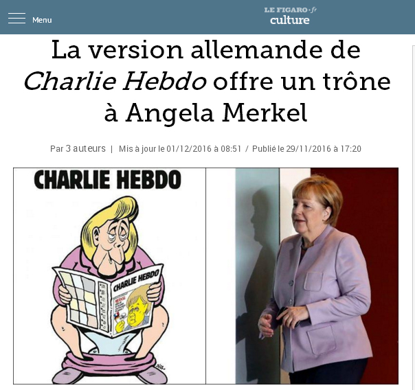 法國著名諷刺性刊物《查理周刊》推出德文版，以德國總理梅克爾（右）做宣傳。   圖：翻攝《費加洛報》