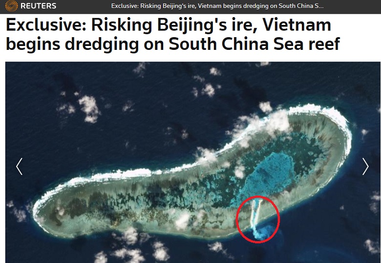 根據最新衛星照片顯示，越南正在南海爭議島礁「日積礁」開挖新的通道，此舉極可能惹怒聲稱對其擁有主權中國。   圖：翻攝路透社官網