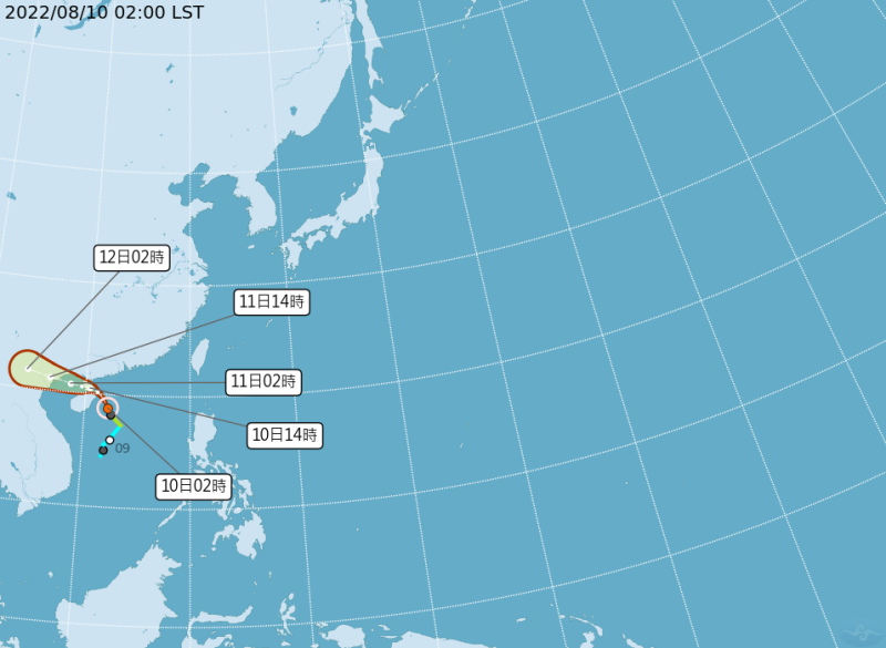 輕度颱風編「木蘭」今天凌晨2時的中心位置，在鵝鑾鼻西南西方960公里海面上，以每小時19公里的速度，持續往中國的廣東至海南島一帶前進。   圖：中央氣象局/提供